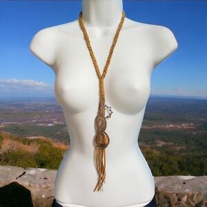 CHICO'S Leather Braid Western Style Concho Long Necklace